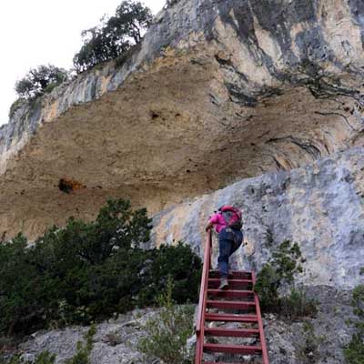 Marie qui grimpe la dernière échelle pour atteindre enfin, la grotte de Chimiachas et son célèbre cerf préhistorique, Aragon, Espagne | Cliquer pour agrandir